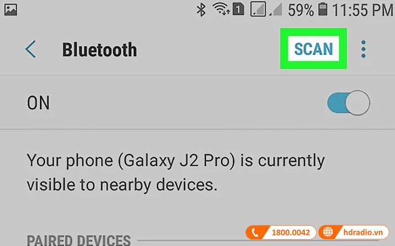 Nút quét hoặc làm mới thiết bị Bluetooth trên điện thoại Samsung.