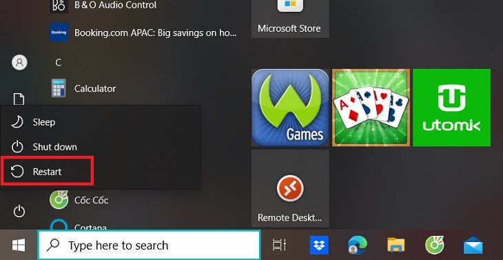 Nút Restart trong menu Power của Windows, một cách để khắc phục laptop không bắt được WiFi nhà
