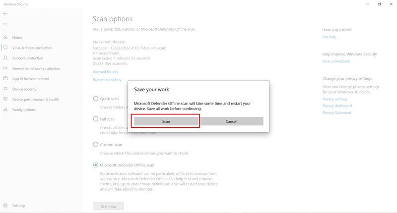 Nút Scan để bắt đầu quá trình quét virus giúp tăng cường hiệu suất mạng