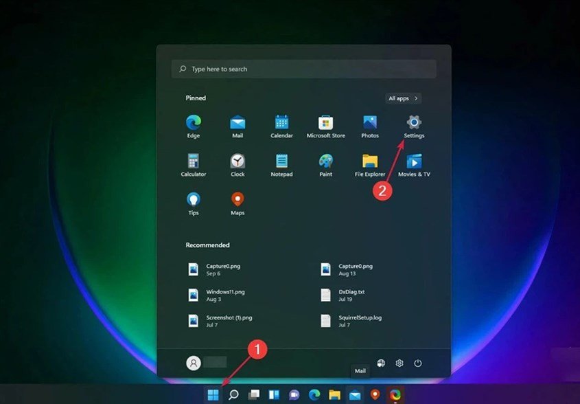 Nút Start của Windows 11 trên thanh Taskbar và tùy chọn Settings