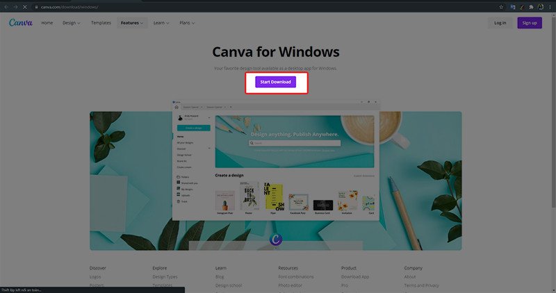 Nút Start Download trên trang tải Canva về máy tính