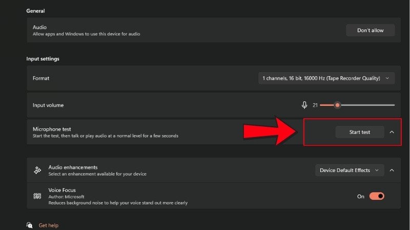 Nút "Start Test" trong phần kiểm tra microphone trên Windows 11