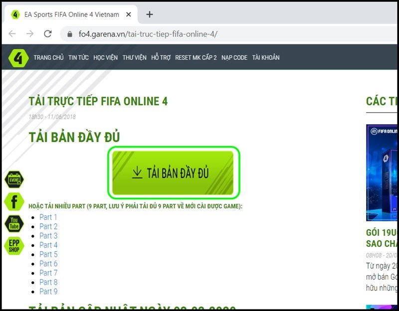 Nút tải game chính thức trên trang chủ FC Online dành cho người dùng laptop