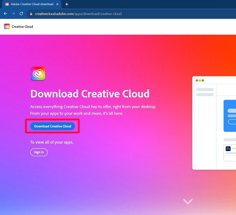 Nút tải xuống Creative Cloud trên trang web chính thức của Adobe