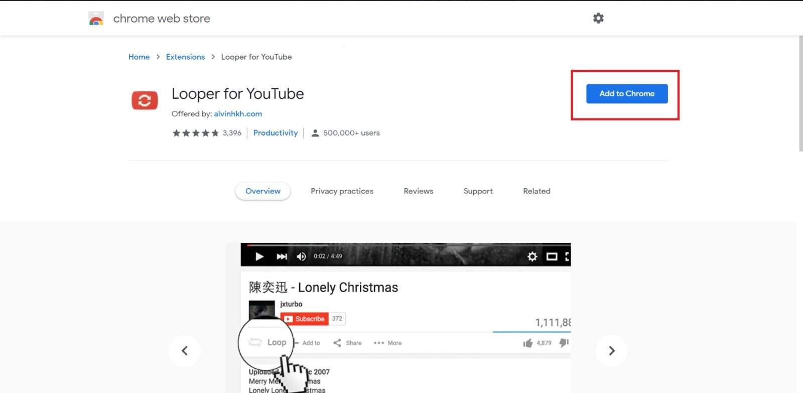 Nút "Thêm vào Chrome" để cài đặt tiện ích Looper for YouTube