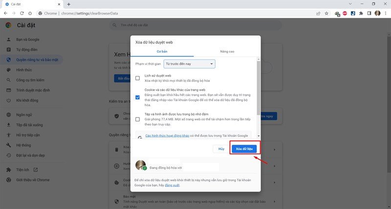 Nút xác nhận xóa dữ liệu duyệt web giúp tối ưu kết nối wifi trên laptop