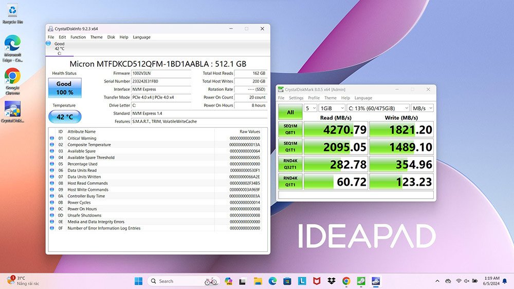 Ổ cứng SSD NVMe Gen 4 trên laptop Lenovo IdeaPad Slim 3 14IAH8 83EQ0004VN có tốc độ đọc rất nhanh