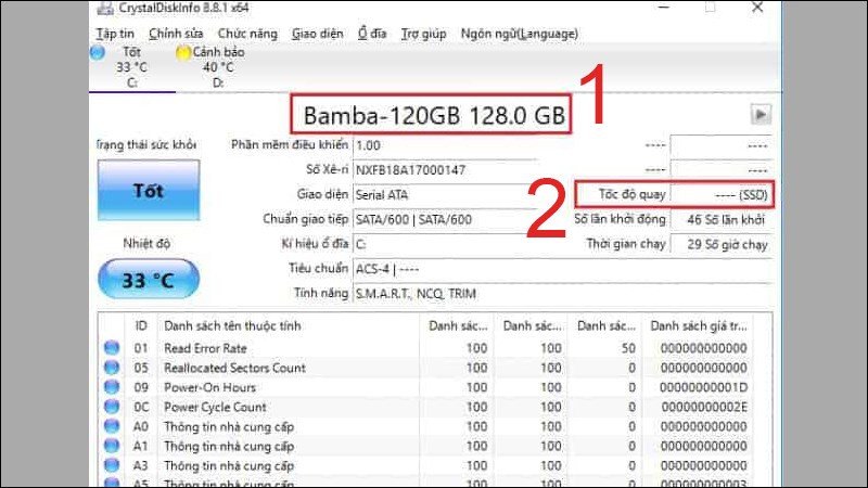 Phần mềm CrystalDiskInfo hiển thị thông tin ổ cứng, giúp kiểm tra SSD hiệu quả