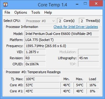 phần mềm đo nhiệt độ laptop Core Temp hiển thị từng lõi