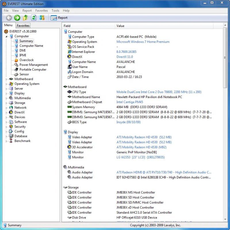 Phần mềm Everest Ultimate Edition cung cấp thông tin phần cứng chi tiết cho laptop Windows 10.