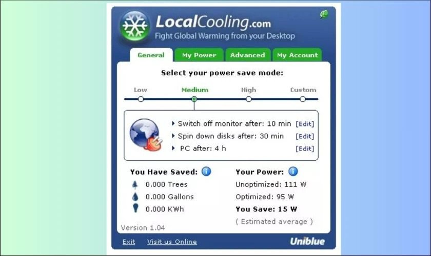 Phần mềm Local Cooling đang hiển thị dữ liệu về mức tiêu thụ điện năng theo thời gian thực của laptop, hỗ trợ tối ưu hóa năng lượng.