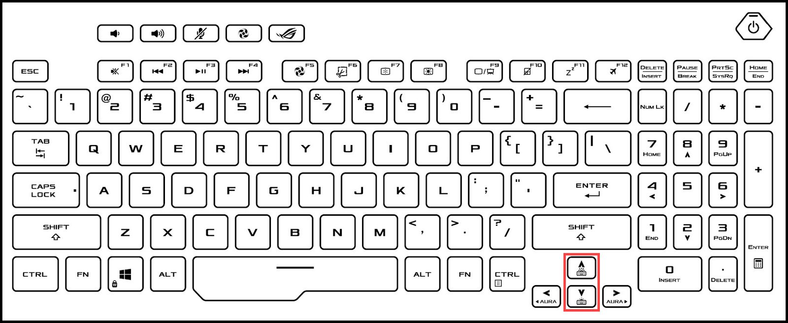 Phím mũi tên lên và xuống để điều chỉnh đèn nền trên laptop gaming ASUS