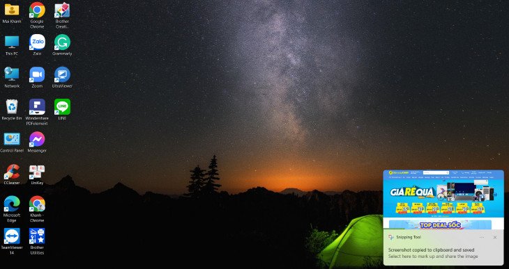 Pop-up thông báo ảnh đã được chụp bởi Snipping Tool và tùy chọn lưu