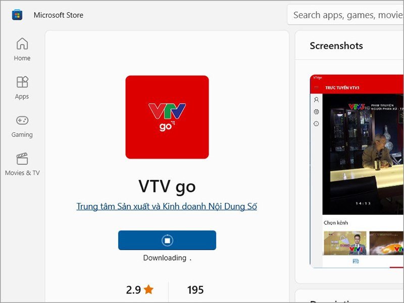 Quá trình tải và cài đặt VTV Go cho laptop đang diễn ra