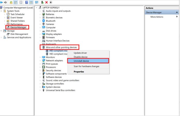 Quản lý thiết bị để cập nhật driver chuột khắc phục lỗi mất con trỏ chuột trên màn hình laptop win 10