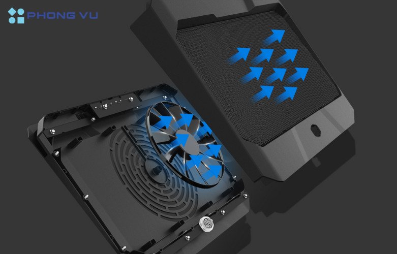 Quạt tản nhiệt của đế làm mát laptop hút khí nóng ra ngoài, luân chuyển khí mát vào trong
