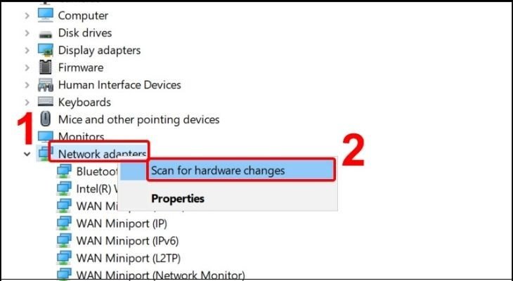 Quét tìm thay đổi phần cứng để hệ thống tự động cài lại driver Wifi