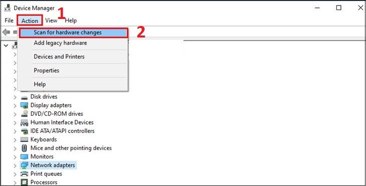 Quét tìm thay đổi phần cứng trong Device Manager để hệ thống tự nhận diện và cài lại driver Wi-Fi cho laptop