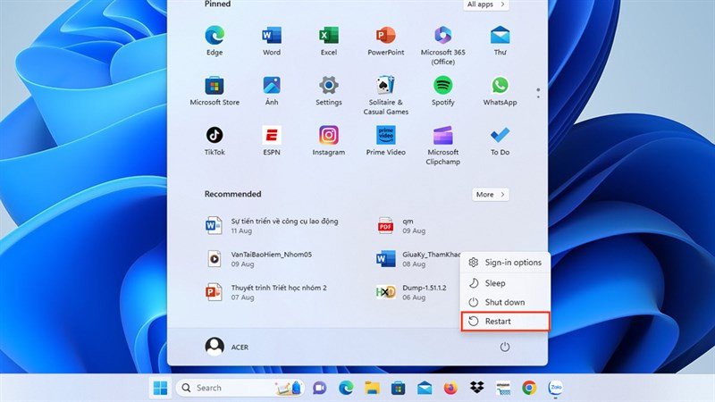 Quy trình khởi động lại laptop từ Start menu trên Windows