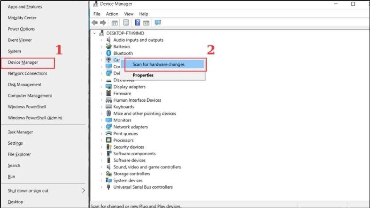 Scan for Hardware changes để cài lại driver cho webcam laptop