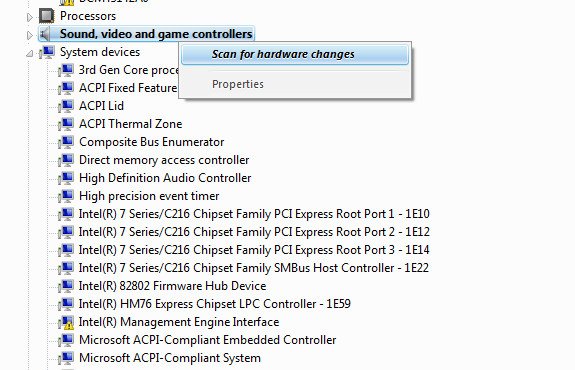Scan for hardware changes để cài lại driver tai nghe