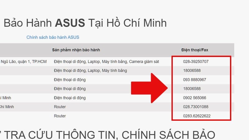 Số điện thoại tổng đài hãng laptop được hiển thị rõ ràng