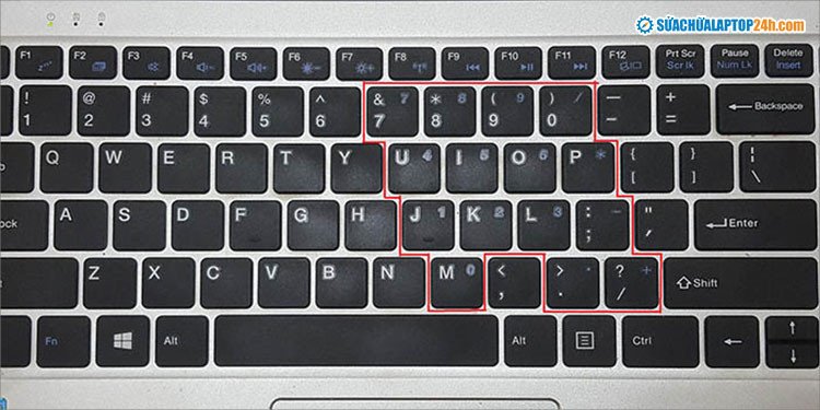 Sơ đồ bàn phím rút gọn của laptop Asus, hiển thị các phím chữ có chức năng số khi Numlock được kích hoạt
