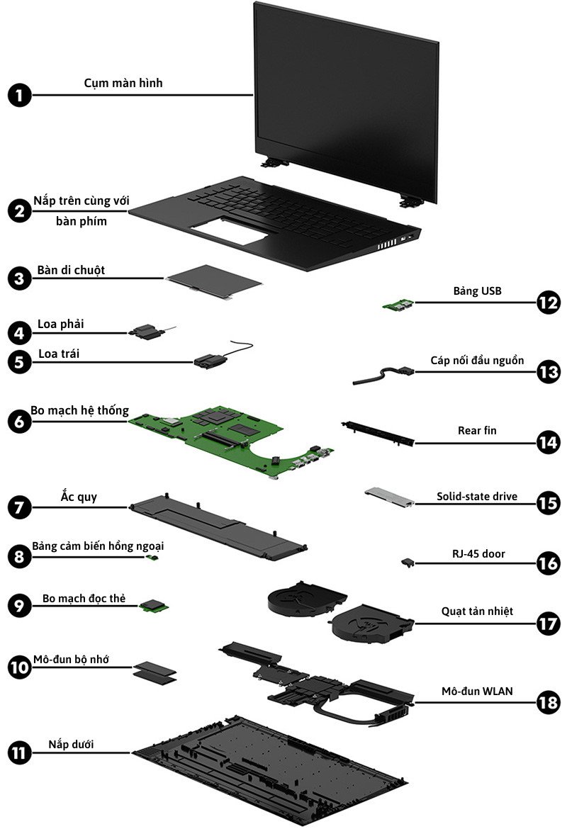 Sơ đồ minh họa các thành phần cấu tạo bên trong một chiếc laptop cơ bản