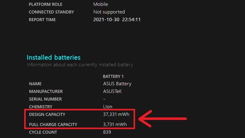 So sánh Design Capacity và Full Charge Capacity trong Battery Report