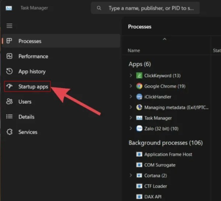 startup apps trong task manager