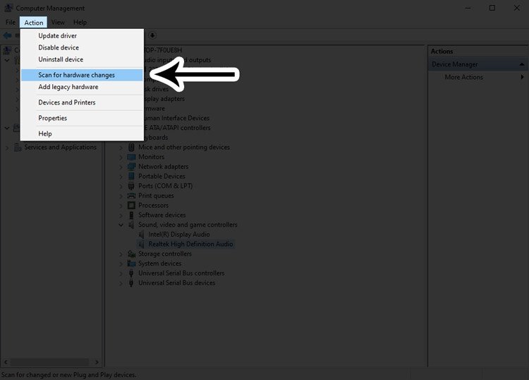 Sử dụng chức năng quét thay đổi phần cứng để Windows tự cài đặt lại driver