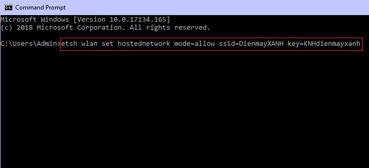 Sử dụng Command Prompt để cấu hình hostednetwork và chia sẻ kết nối internet trên laptop Windows 10