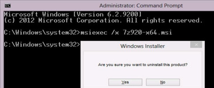 Sử dụng Command Prompt với quyền quản trị viên để gỡ ứng dụng bằng lệnh msiexec.