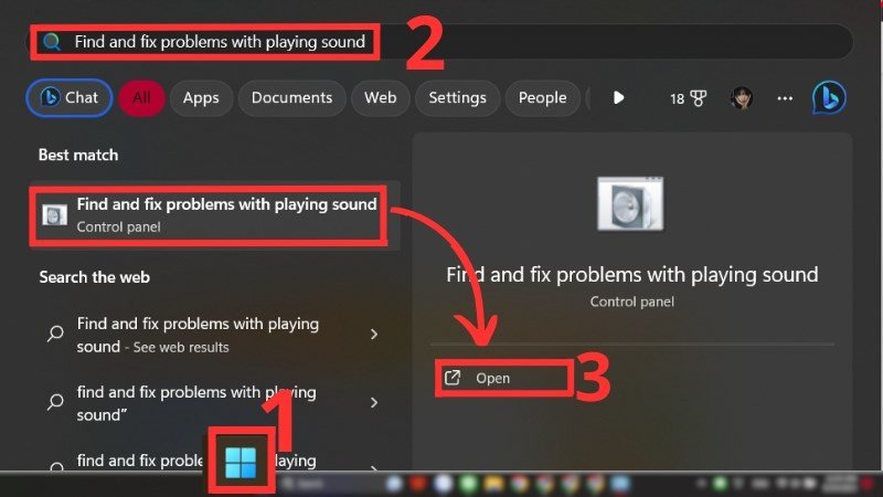 Sử dụng công cụ "Find and fix problems with playing sound" trong Menu Start để khắc phục lỗi không có tín hiệu loa