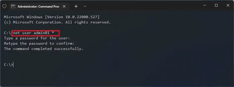 Sử dụng cửa sổ Command Prompt với quyền quản trị để vô hiệu hóa mật khẩu người dùng trên Windows 11.
