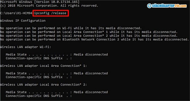 Sử dụng lệnh ipconfig /release để giải phóng IP cũ khi laptop không dò được Wifi