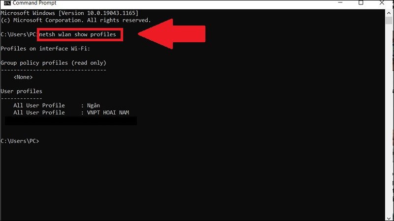Sử dụng lệnh "netsh wlan show profiles" trong CMD để xem danh sách mạng Wi-Fi đã kết nối