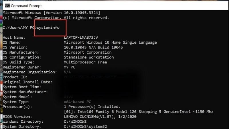 Sử dụng lệnh systeminfo trong CMD để xem thông tin phần cứng laptop