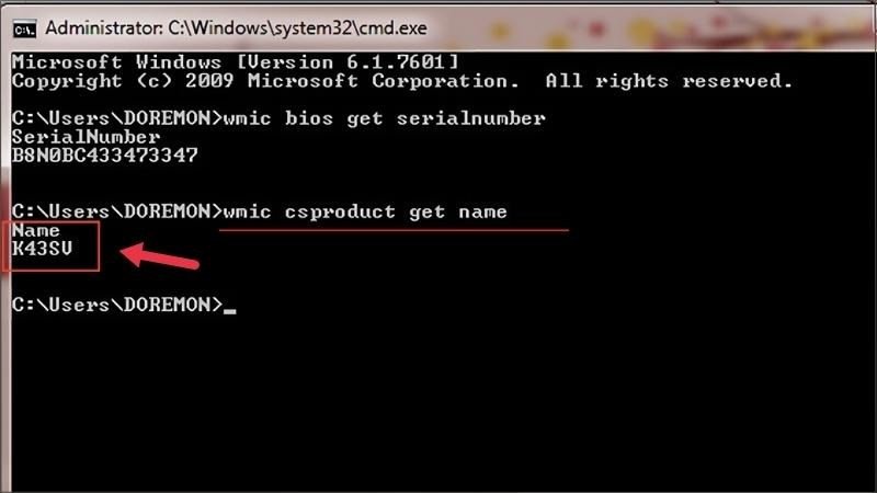 Sử dụng lệnh 'wmic csproduct get name' trong CMD để kiểm tra model laptop
