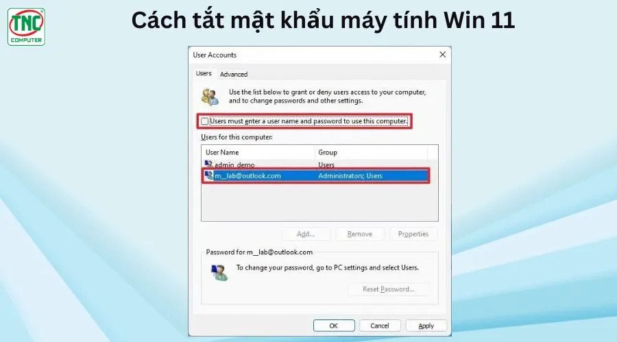 Sử dụng netplwiz để xóa mật khẩu trên laptop Windows 11