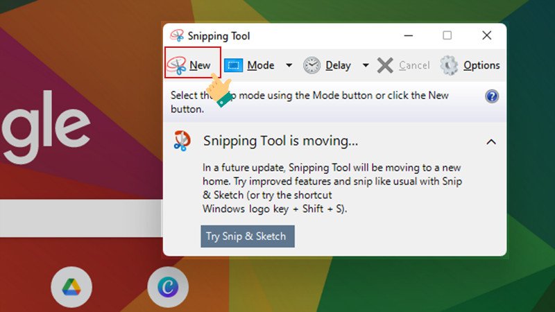 Sử dụng nút New trong Snipping Tool để chụp một phần màn hình