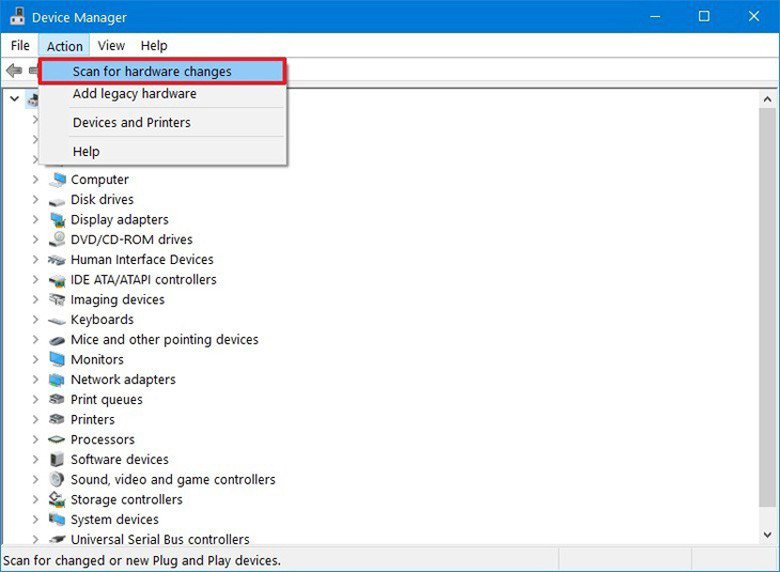 Sử dụng Scan for Hardware Changes để kiểm tra driver bàn phím laptop