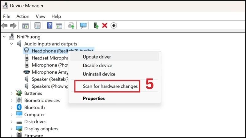 Sử dụng Scan for hardware changes để Windows tự động cài đặt lại driver âm thanh