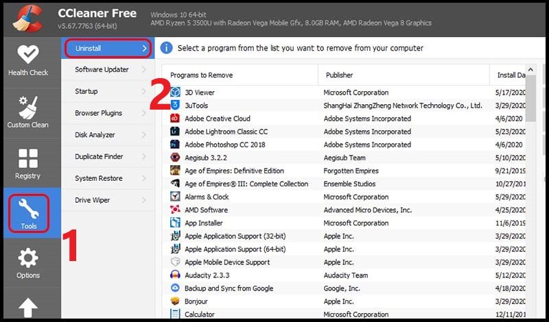 Sử dụng tính năng Uninstall trong CCleaner để gỡ bỏ ứng dụng