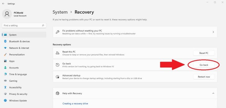 Sử dụng tùy chọn Go back trong Recovery để khôi phục phiên bản Windows 11 trước