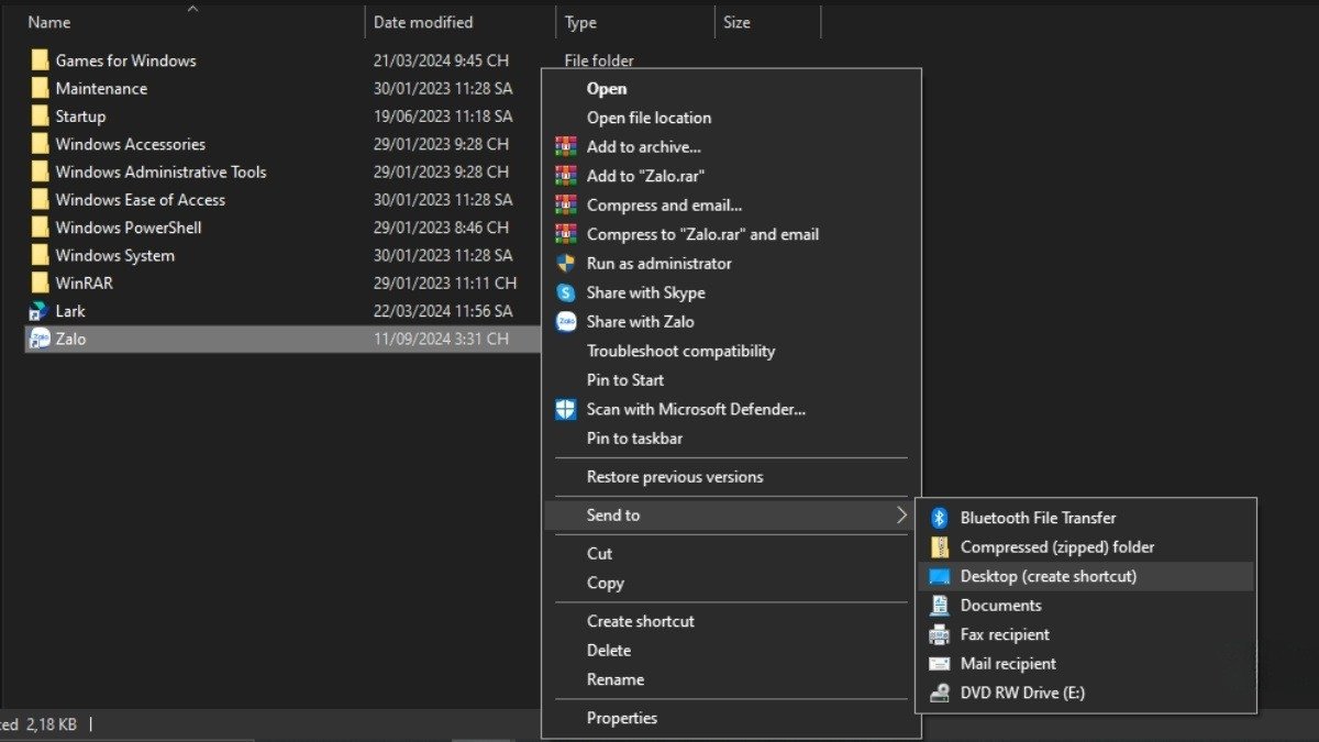 Sử dụng tùy chọn Send to Desktop để tạo lối tắt ứng dụng