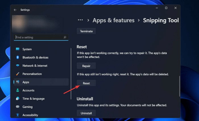 Sửa chữa và đặt lại ứng dụng Snipping Tool để khắc phục sự cố chụp ảnh màn hình trên Win 11
