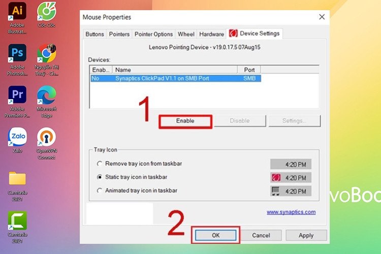 Tab Device Settings trong Mouse Properties, hiển thị tùy chọn Enable/Disable touchpad để kích hoạt chuột cảm ứng.