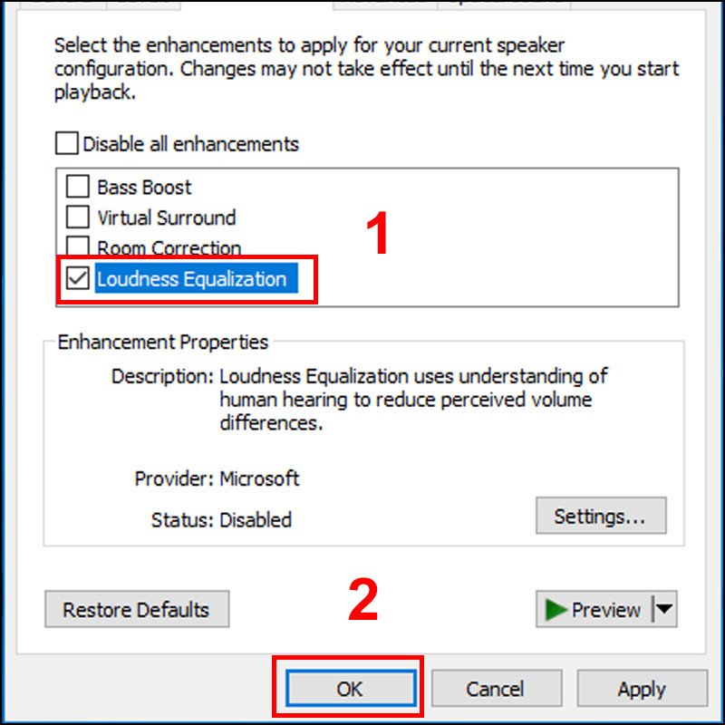Tab Enhancements với tùy chọn Loudness Equalization giúp tối ưu âm lượng trên laptop