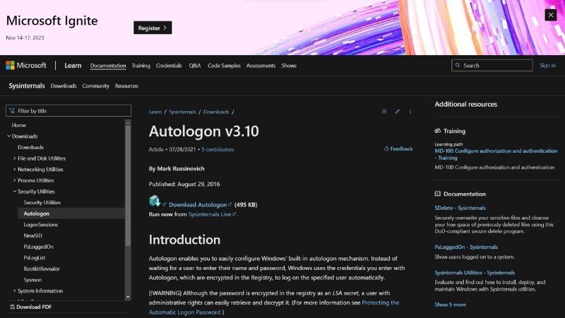 Tải Autologon để cấu hình tắt khóa màn hình laptop